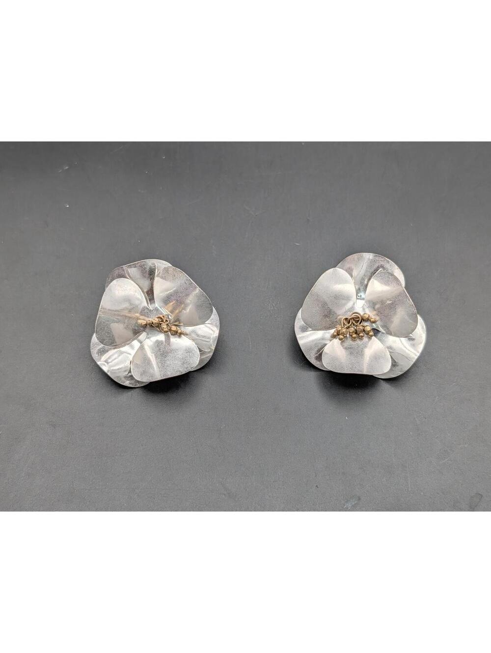 Vintage Modernist Silver Tone 3D Layered Flower Statement Abstract Earrings